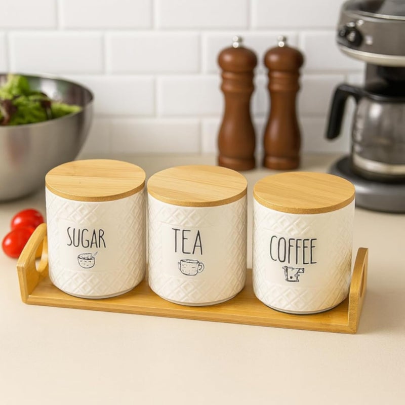 Kitchen Essentials I-Kea Rustic Porcelain Canister Set of 3 â€“ Airtight H.Quality Porcelain Jars With Lids, Coffee, Sugar & Tea Jars with Metal Tray/Wooden Tray Organizer (Pattern Wooden Tray, Large)